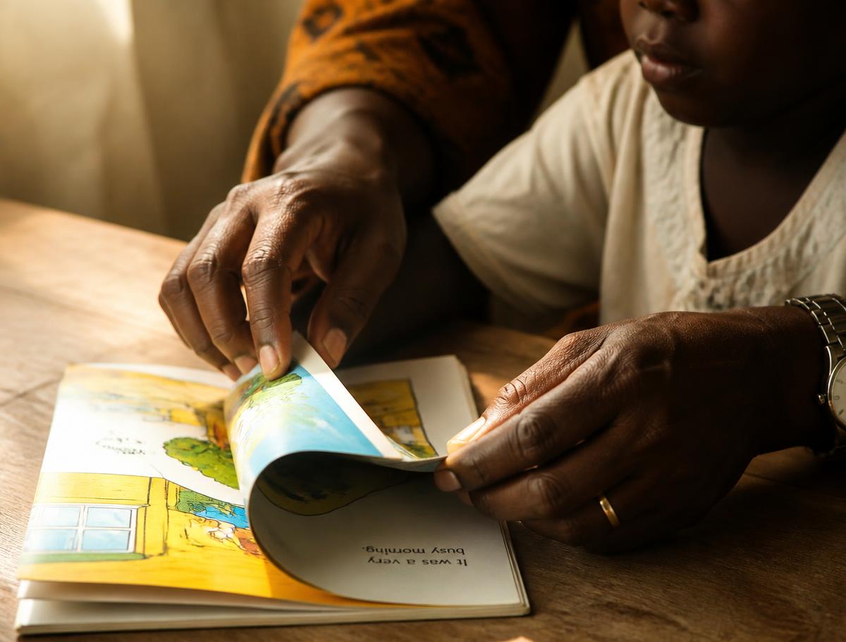 A parent and child turning the page of a picture book together